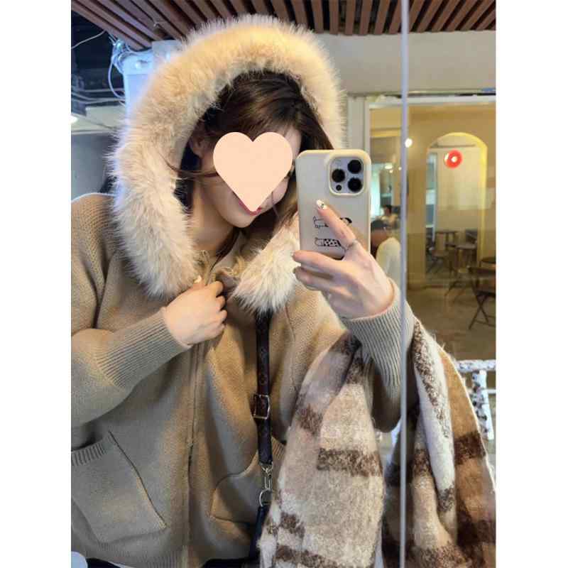 ニット レディース カーディガン 秋冬 長袖 毛混紡 フード付き ジップアップ ゆったり ミルキーホワイト ベージュ系 きれいめ 高見え カジュアル