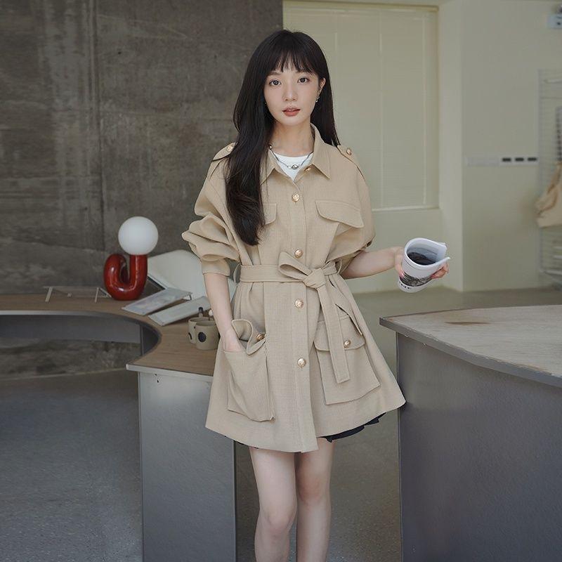 トレンチコート レディース 春 スプリングコート ショート丈 テーラード ポリエステル 無地 ゆったり ベージュ系 きれいめ かわいい
