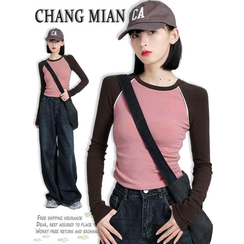 Tシャツ レディース 秋冬 レトロ 切り替え 配色 トップス 長袖 スリム 綿混紡 普段使い カットソー মিষ্টি風 咖拼酒红 粉拼咖 浅藍拼灰