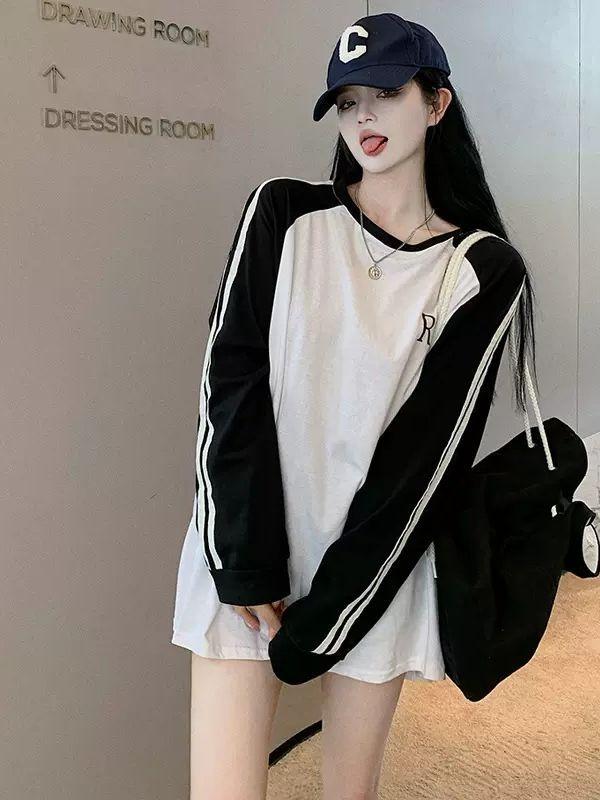 Tシャツ レディース 韓国風 レトロ 切り替え 配色 長袖 トップス ラウンドネック ゆったり コットン 春秋 薄手 M L XL 白 ホワイト グレー 普段使い