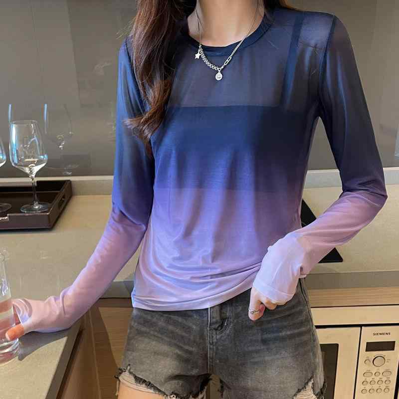 乐天商城 - Tシャツ レディース 接触冷感 メッシュ 長袖 トップス グラデーション シアー スリム 薄手 ラウンドネック ポリエステル 緑 紫 春夏