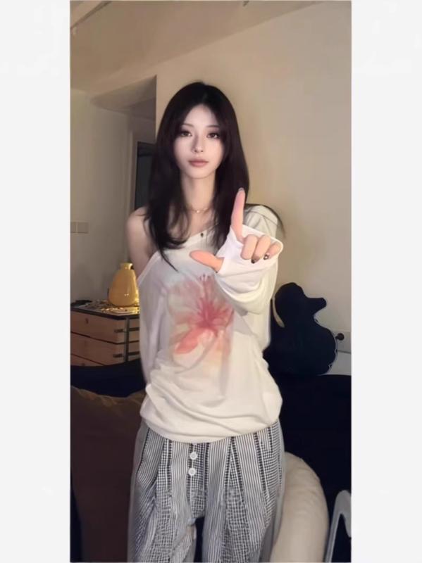Tシャツ レディース フラワープリント 斜め肩 長袖 雪花綿 ゆったり 薄手 白色 トップス 花柄 ストリート カジュアル 春夏(4)