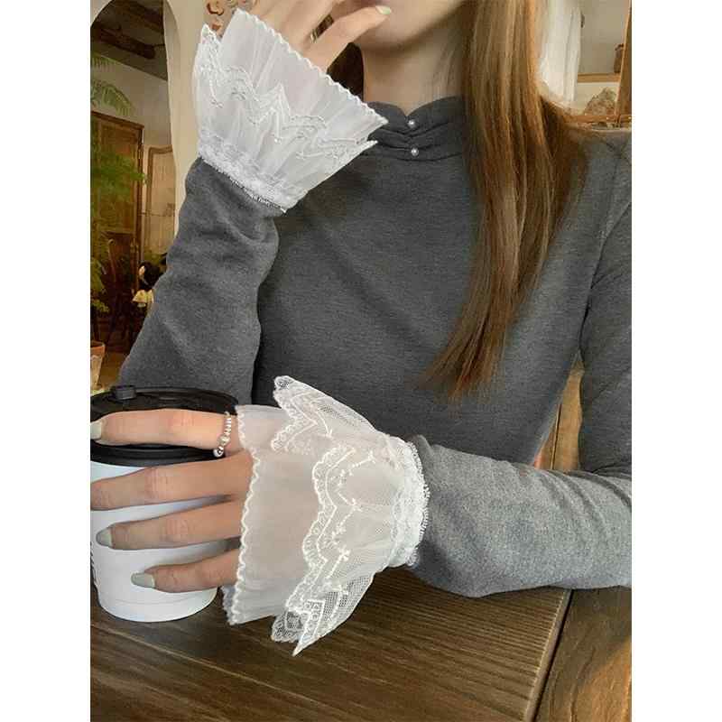 Tシャツ レディース 秋冬 レース 花柄 グレー 長袖 カットソー スリム 細見え トップス 花灰 杏色 私服 名媛スタイル