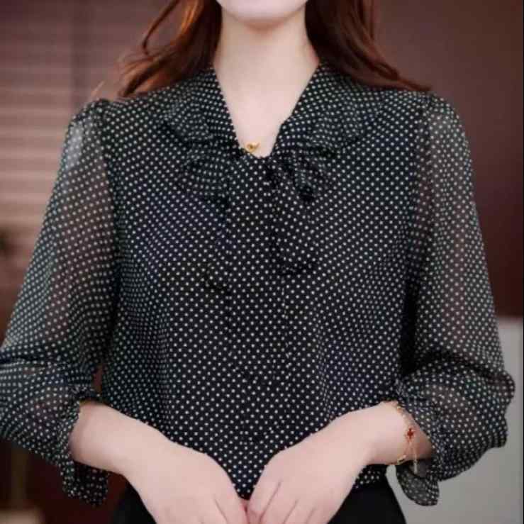 Tシャツ レディース 春秋 長袖 Vネック 蝶結び ボウタイ シフォン 水玉 ドット柄 プルオーバー トップス 刺繡 ゆったり かわいい 韓国風 普段使い 部屋着 ポリエステル ブラック