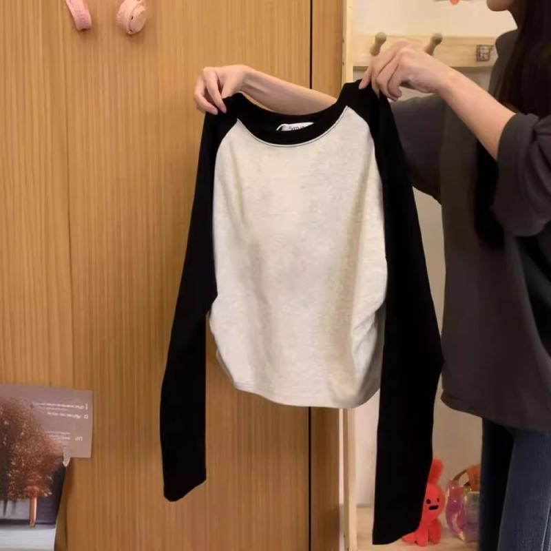 T-Shirts - Tシャツ レディース 長袖 丸首 黒 グレー系 コットン混紡 ゆったり 日韓 カジュアル