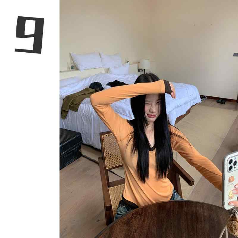 Tシャツ レディース 春物 長袖 ポリエステル 切り替え 配色 オレンジ系 ストリート スタイル トップス(4.0)