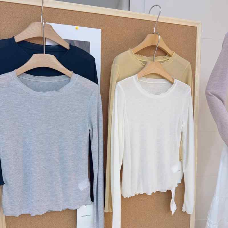 Tシャツ レディース 春夏 長袖 天使の輪 レース付き 丸首 薄手 スリム 日韓風 カットソー トップス ブラウス 接触冷感 再生繊維 カジュアル かわいい グレー ブルー ホワイト ピンク系