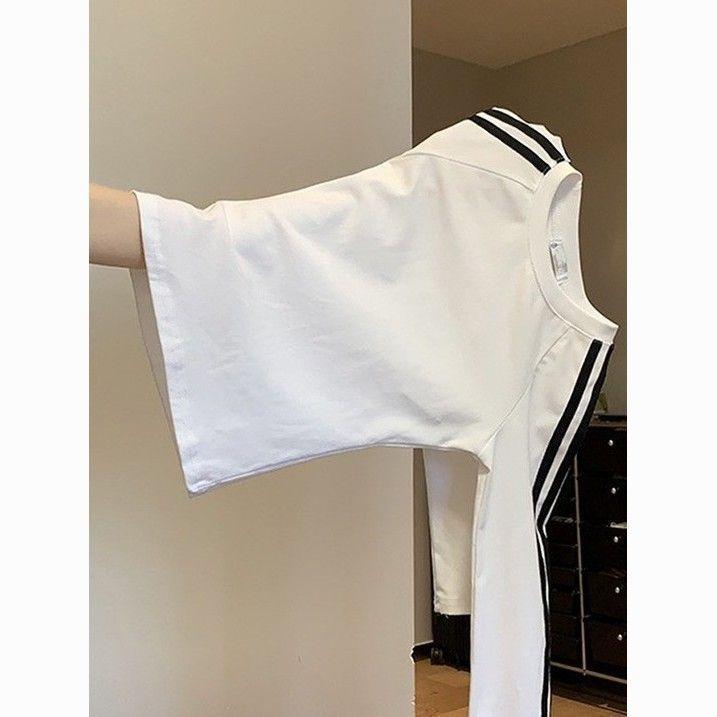Three-Quarter - Tシャツ レディース 秋冬 長袖 ストライプ 配色 ゆったり カジュアル トップス カットソー