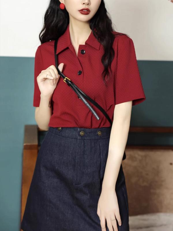 Tシャツ レディース トップス ポロネック 直筒 ゆったり テイスト ポリエステル 普段使い 文芸 レトロ 車厘子（さくらんぼ）レッド