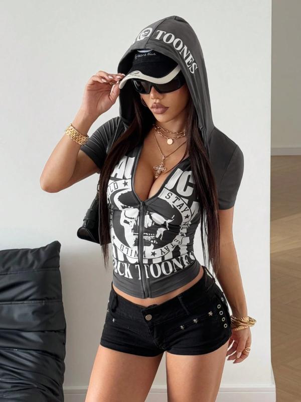 Tシャツ レディース ストリート系 スカル ドクロ アルファベット 韓国風 ゆったり ラグラン袖 半袖 トップス 灰色(4.0)