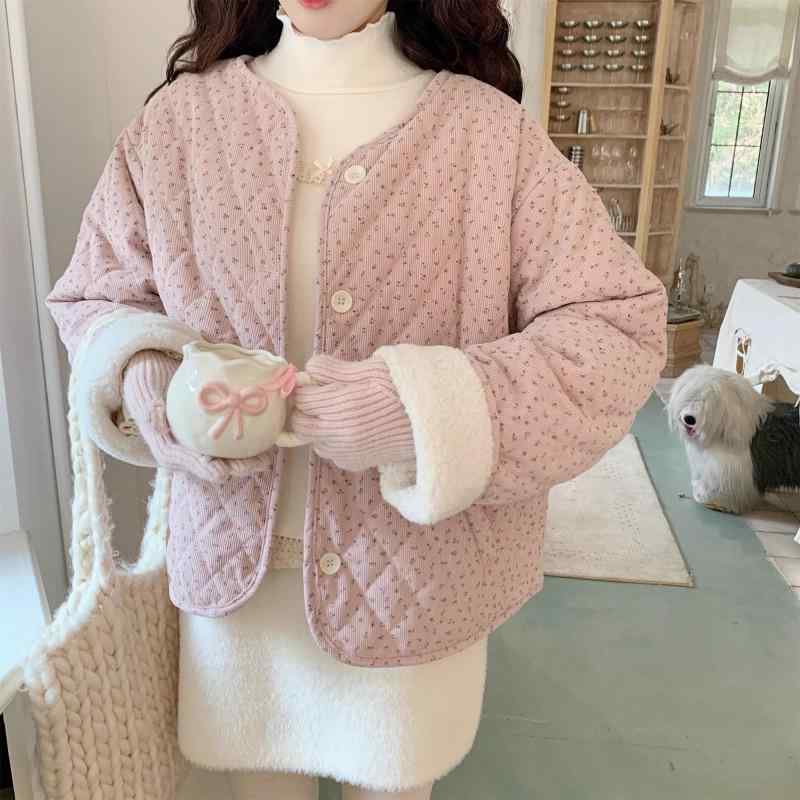 コート レディース 韓国風 小花柄 ラウンドネック ひし形 キルティング 中綿入りボア 厚手 かわいい アウター ピンク系 アイボリー