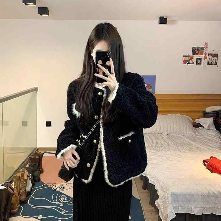 コート レディース 小柄 ショート丈 黒 秋冬 韓国風 シャーリング 羊羔毛 アウター ジャケット ゆったり 厚手 あったか 防寒 カジュアル かわいい