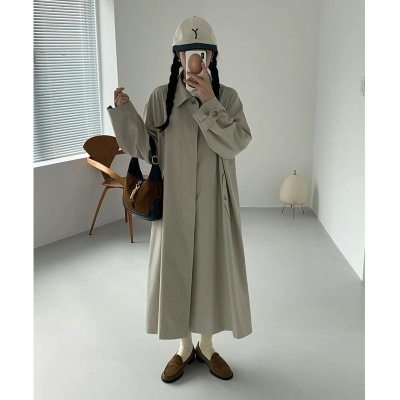 風衣 レディース 韓国風 レトロ ゆったり ロング丈 襟付き ウエストリボン カーキグリーン アーミーグリーン ブラック