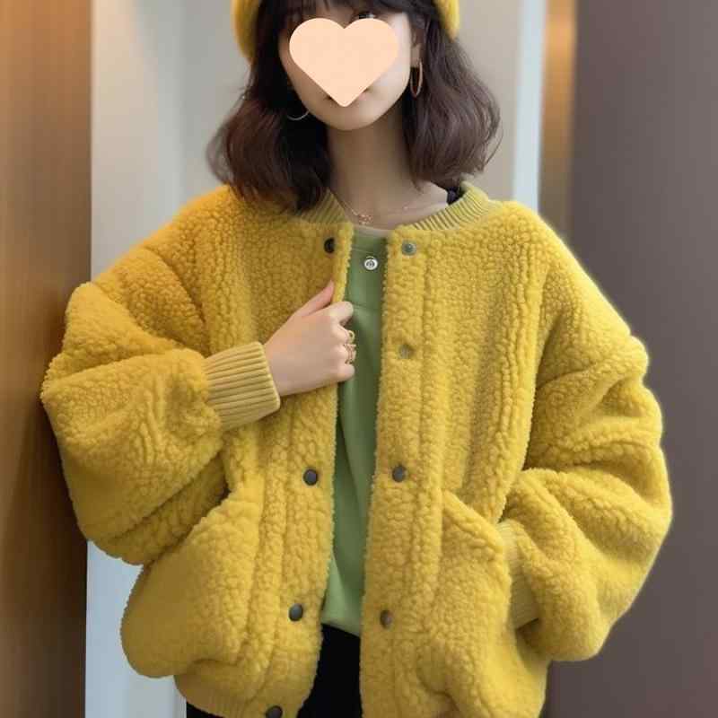 Coat - スウェット レディース 黄色 羊羔毛 アウター 秋冬 小柄 ショート丈 韓国風 ゆったり 颗粒绒 トップス 厚手 ポリエステル