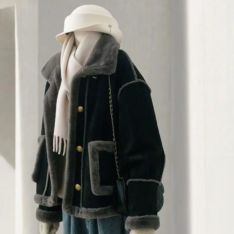 ジャケット レディース シープボア ブルゾン 秋冬 アウター ジャンパー あったか ゆったり 厚手 裏起毛 フェイクレザー 切り替え デザイン ブラック系