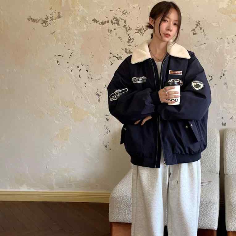 ジャケット レディース 配色 切り替え ボア 襟付き アウター 秋冬 暖かい ゆったり ポリエステル 紺色 カーキ色 かわいい