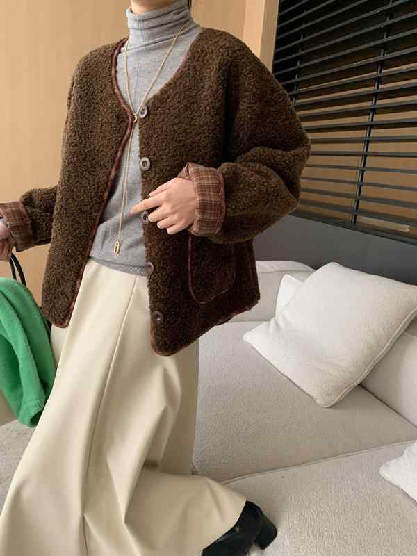 コート レディース 配色 チェック柄 切り替え 羊羔毛風 フェイクファー ラウンドネック アウター 通勤着 秋冬 ブラウン系 アイボリー