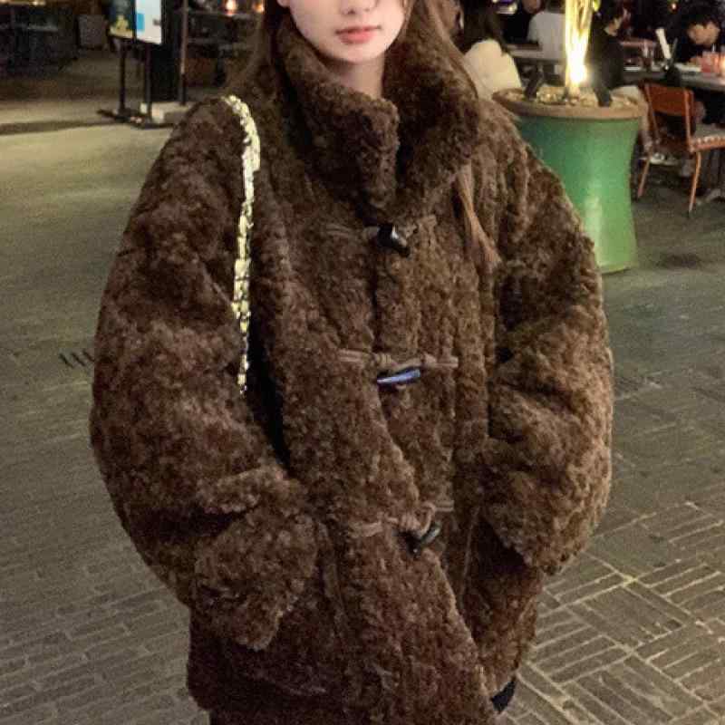 コート レディース 羊羔毛 アウター 秋冬 高襟 3D 立体柄 ゆったり 厚手 あったか 暖かい コーヒー色 S M Lサイズ