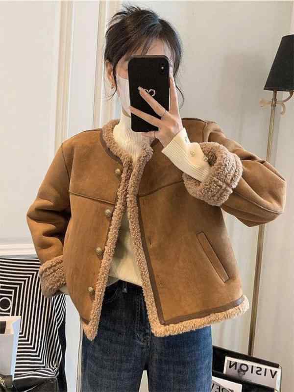 ジャケット レディース 韓国風 ショート丈 ボアブルゾン 秋冬 小柄 無地 浅棕色 あったか アウター