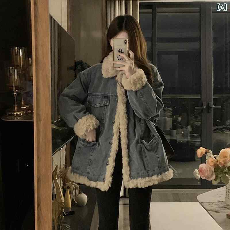 デニムジャケット レディース 秋冬 A字型 ゆったり 裏起毛 あったか 防寒 厚手 ショート丈 アウター 長袖 ブルゾン カジュアル 通勤 ブルー