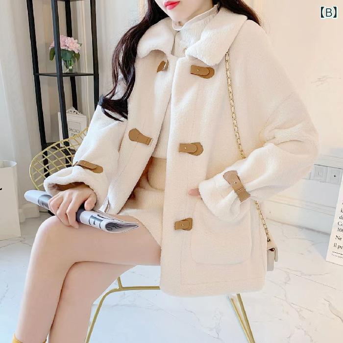 コート レディース 秋冬 ボアジャケット シャーリング ゆったり 厚手 暖かい レトロ かわいい ポリエステル オフホワイト ベージュ M L XL 2XL 3XL 4XL