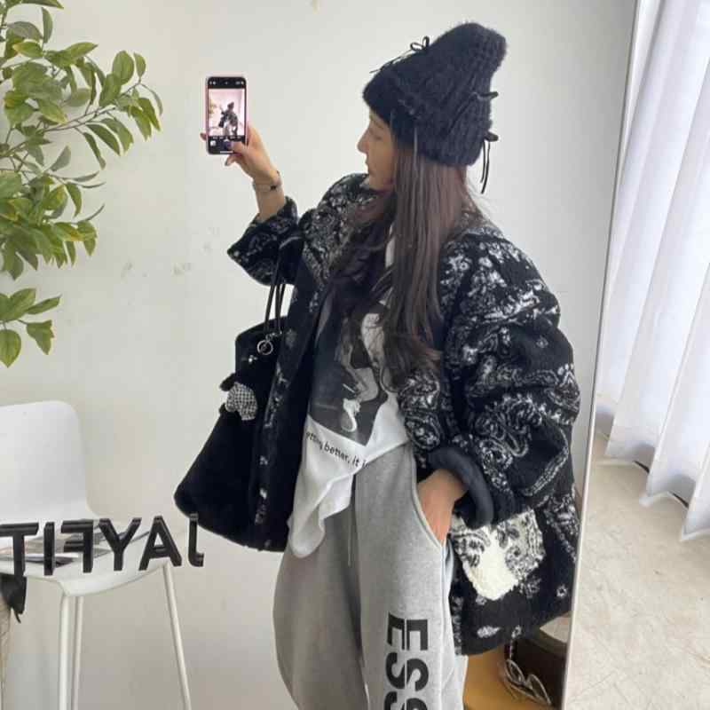 コート レディース 韓国風 腰果柄 カシューナッツ柄 ボアジャケット 中綿入り Vネック 厚手 防寒 暖か..