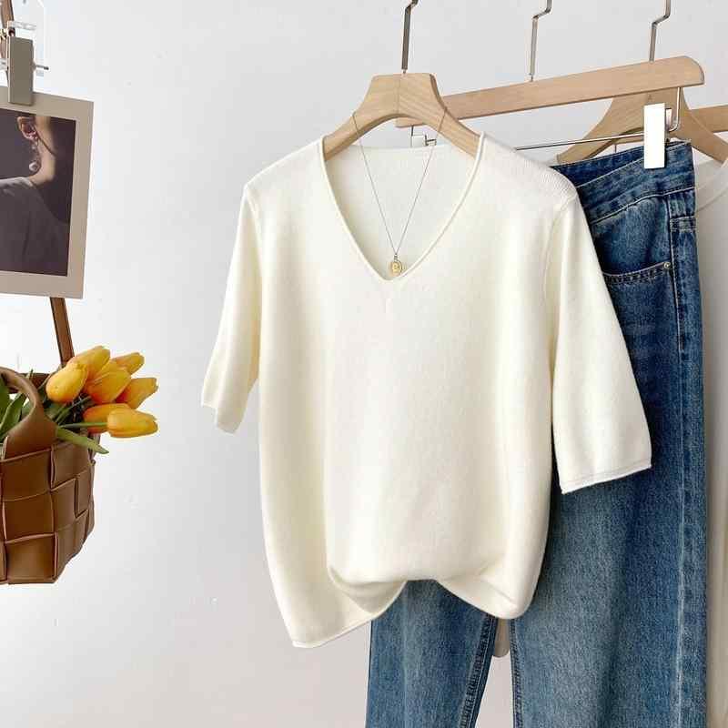 ニット レディース Vネック 半袖 ウール混 トップス プルオーバー 薄手 ゆったり 無地 カジュアル 韓国..