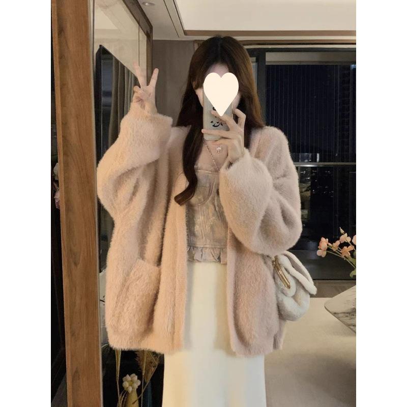 カーディガン レディース 秋冬 ニット 韓国風 ふわふわ Vネック 厚手 ゆったり トップス ピンク系 アイボリー