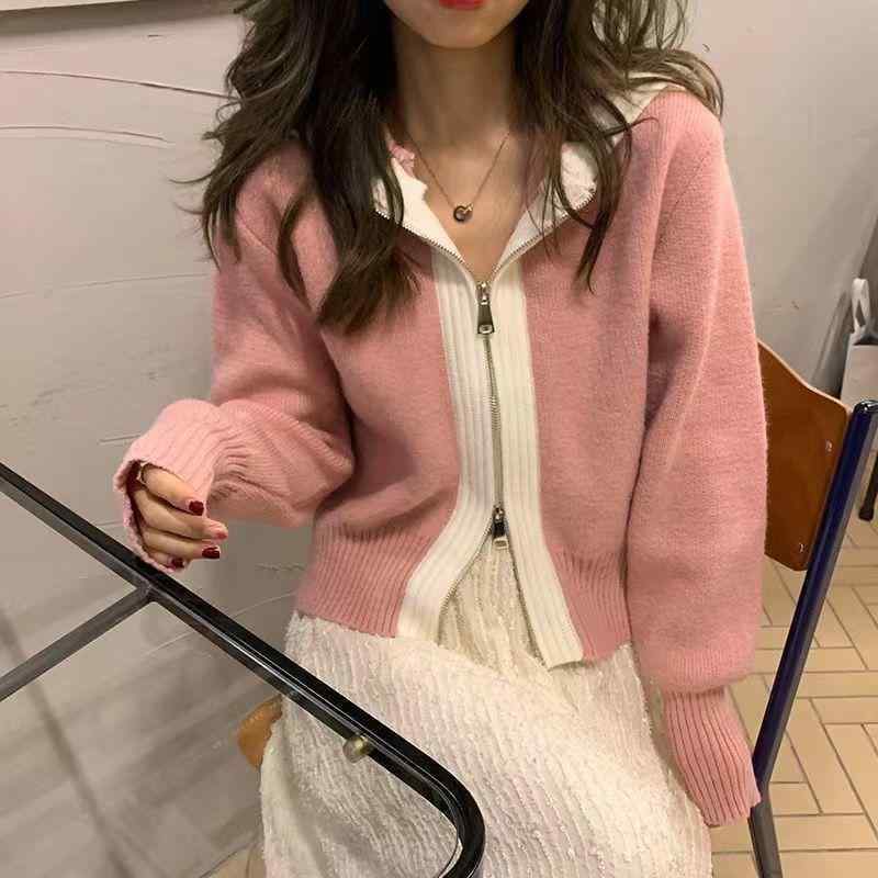 カーディガン レディース ニット 配色 ダブルジップ パーカー 秋冬 鹿毛 混紡 ゆったり 長袖 カジュアル かわいい 羽織り ホワイト ベージュ グレー ブラック ピンク系