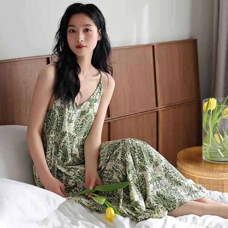 ワンピース レディース 綿 接触冷感 ノースリーブ ルームウェア 部屋着 パジャマ ミディ丈スカート 涼しい 翠グリーン