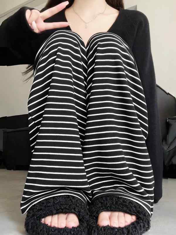 パンツ レディース ストライプ柄 ハイウエスト 美脚 接触冷感 ゆったり ストレート ズボン ボトムス 黒 ブラック 茶色 ベージュ S M L XL 2XL 秋冬