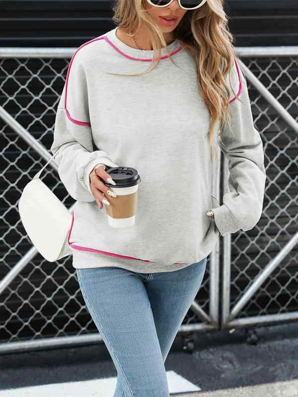 パーカー レディース 秋冬 長袖 プルオーバー ゆったり ラウンドネック 配色 切り替え ライトグレー 杢グレー カジュアル