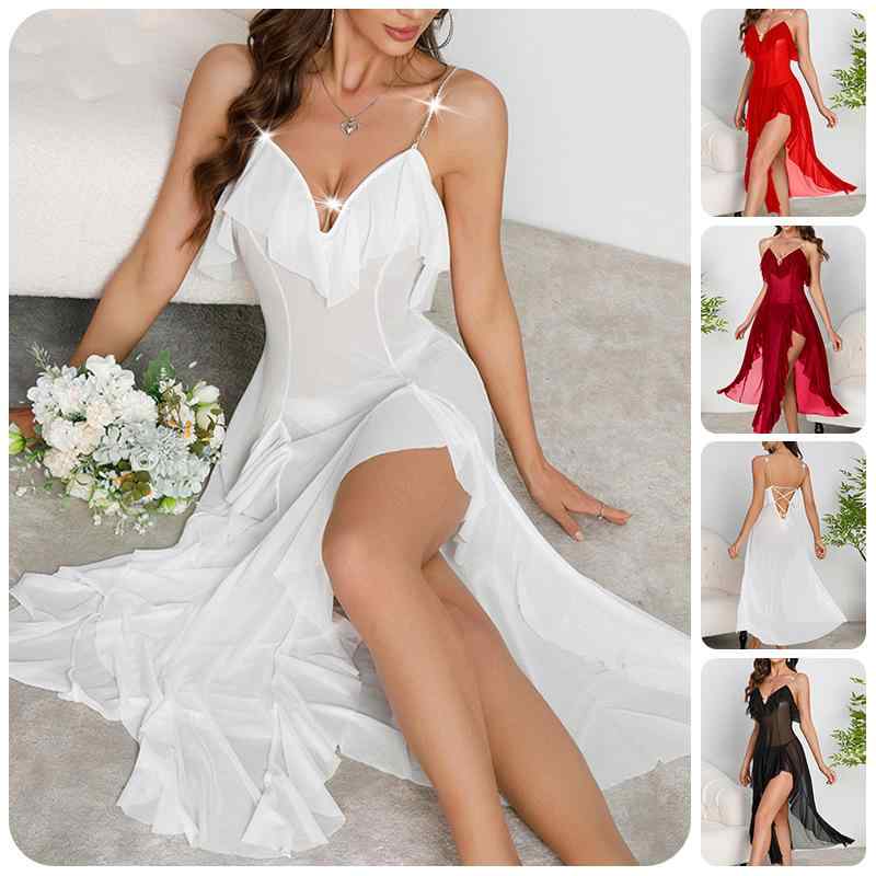 キャミソールワンピース レディース 深Vネック バックシャン レースアップ スリット入り パール飾り セ..