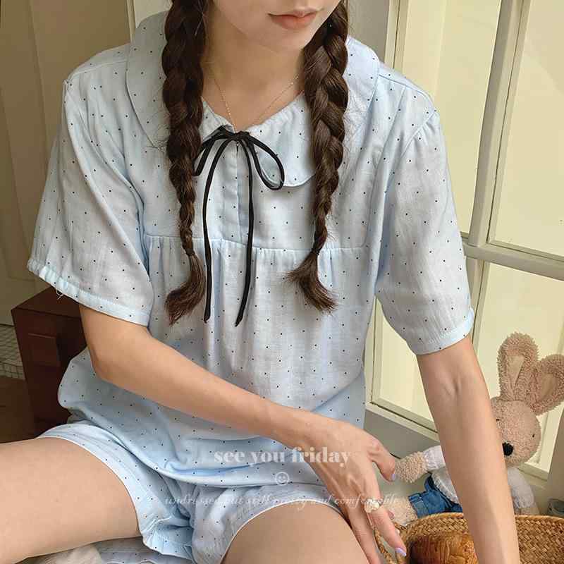 パジャマ レディース 高密度コットン ドット柄 リボンタイ 襟付き ルームウェア 上下セット 水色 ピン..
