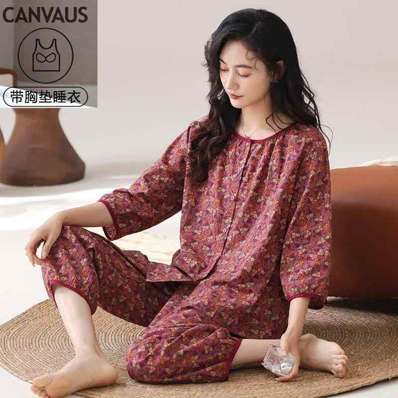 パジャマ レディース 春夏秋 格子柄 七分袖 ルームウェア 上下セット 薄手 織り綿 抗菌性 ラウンドネッ..