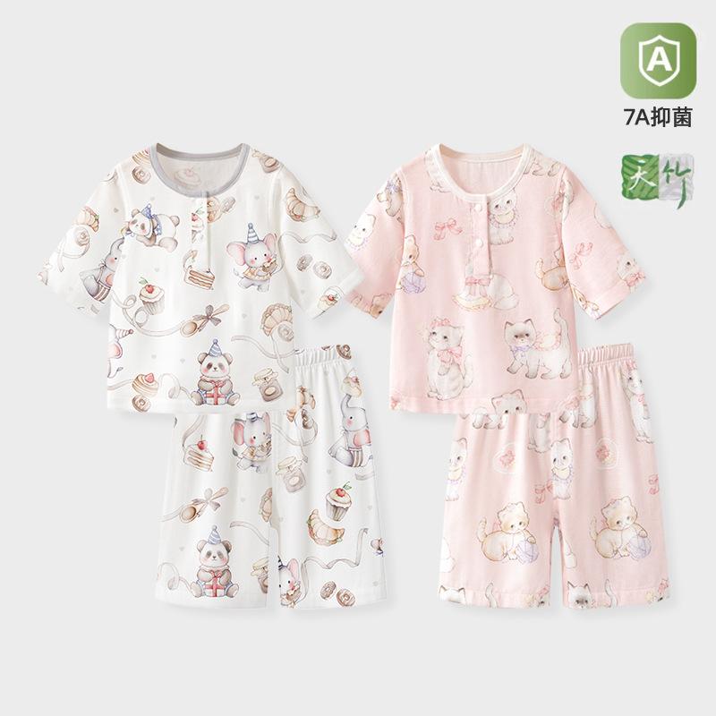 子供用パジャマ ベビー服 ガーゼ ルームウェア 薄手 半袖 A類 7分袖 上下セット 再生繊維 猫柄 春夏 かわいい 幼児 幼稚園 保育園