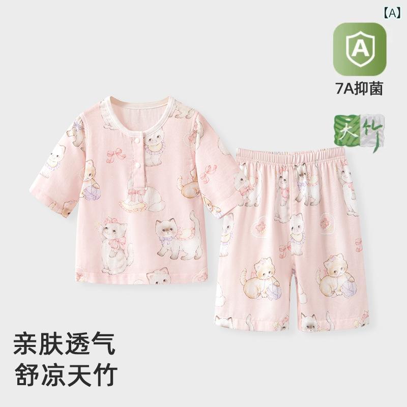子供用パジャマ ベビー服 ガーゼ ルームウェア 薄手 半袖 A類 7分袖 上下セット 再生繊維 猫柄 春夏 かわいい 幼児 幼稚園 保育園 — vista 2