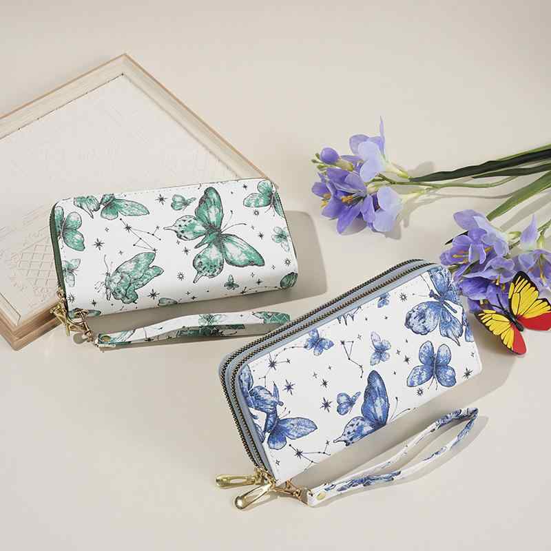 バッグ レディース 鞄 韓国風 バタフライプリント スマホポーチ ダブルファスナー クラッチバッグ ブラック グリーン ブルー レッド