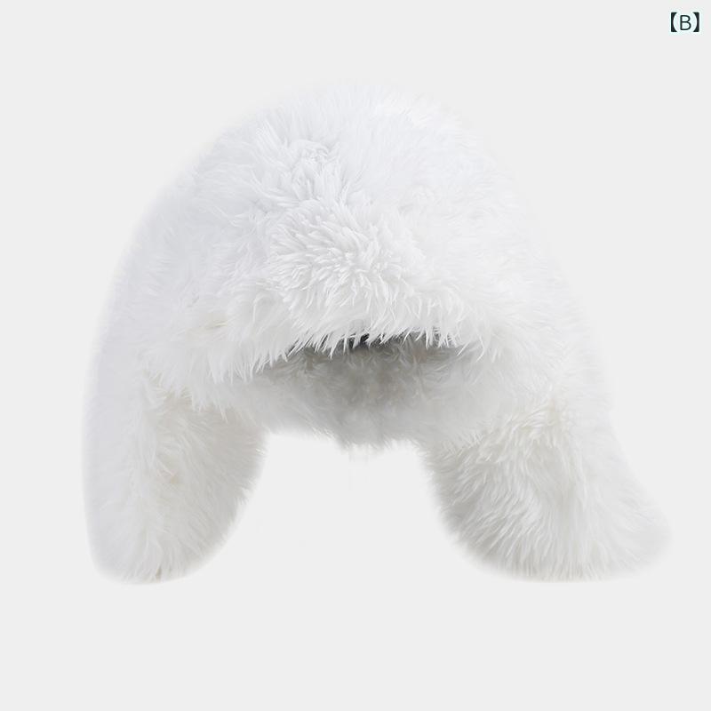 帽子 レディース 秋冬 防寒 かわいい ウサギ耳付き 雷鋒帽 ニット帽 ビーニー ブラック ホワイト イエロー パープル ピンク グレー 蛍光イエロー