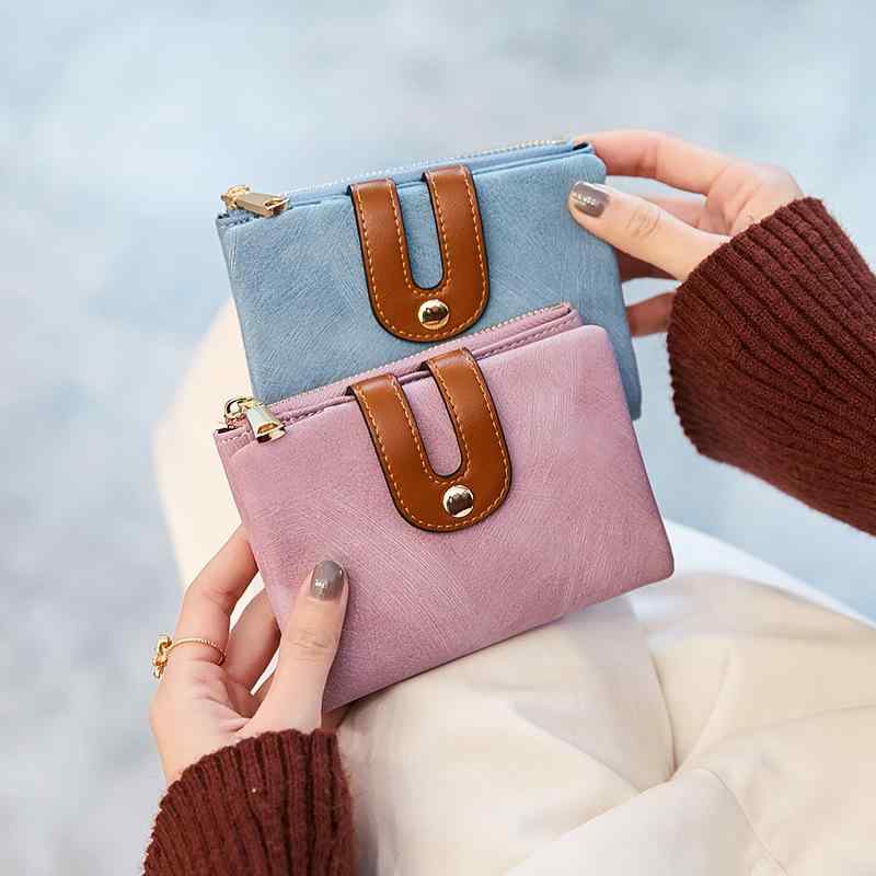 財布 レディース ミニ財布 二つ折り財布 PUレザー カード入れ 札入れ 小銭入れ付き 無地 かわいい 韓国風 ファッション 学生 通勤 普段使い グリーン ブルー ブラック ピンク パープル ブラウン
