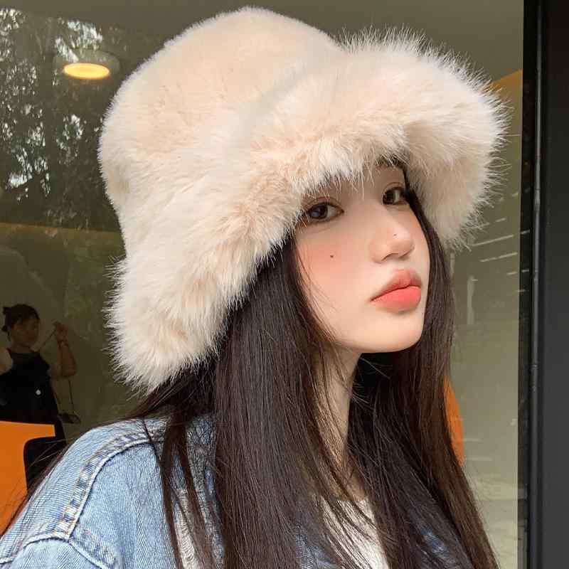 Knit Hat - 帽子 レディース 秋冬 韓国風 小顔効果 あったか ファー バケットハット 日系 ふわふわ 大頭囲 防寒 白色 黒色 黄色 青灰色 ピンク系 ワインレッド カーキ色 緑色 オフホワイト