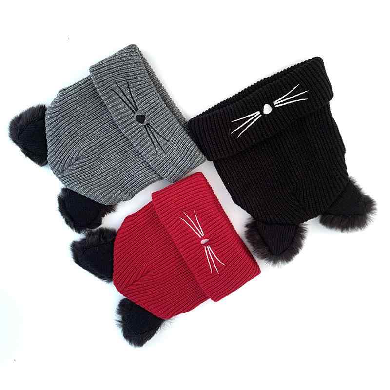 Knit Hat - ニット帽 レディース 猫耳 刺繡 秋冬 保温 かわいい 欧米風 ケーブル編み グレー 紺 黒 ベージュ 赤