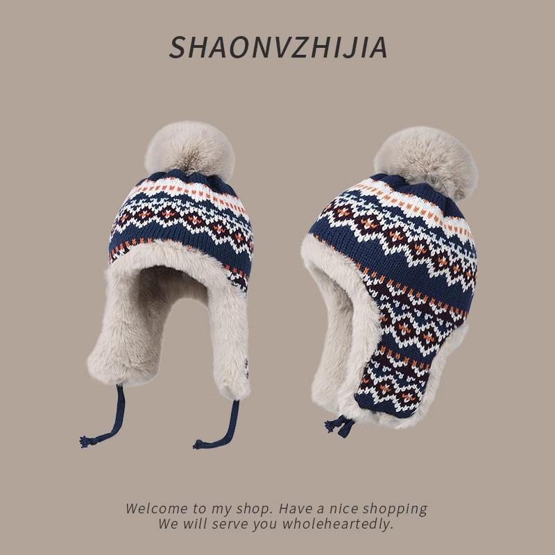 Knit Hat - ニット帽 レディース 防寒 耳当て付き 飛行帽 秋冬 小顔効果 あったか 毛糸 ふわふわ おしゃれ かわいい 赤 紺 黒 ベージュ グレー