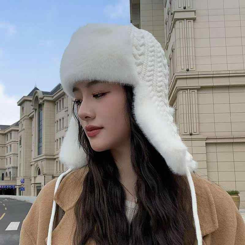 帽子 レディース ニット帽 秋冬 防寒 保温 ケーブル編み ウール 雷鋒帽 耳あて付き ミルクホワイト カーキ ブラック ベージュ グレー ブラウン