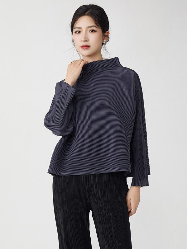 Tシャツ レディース 大きめ ゆったり ポリエステル 長袖 トップス 無地 プリーツ 半ハイネック 普段使い 通勤着 ブラック ピンク系 グレー コーヒー色 ブルー ワインレッド