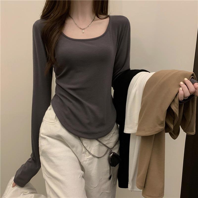 Rakuten - Tシャツ レディース 長袖 秋冬 不規則 Uネック トップス カットソー スリム ショート丈 ポリエステル 無地 黒 ブラック グレー 白 ホワイト カーキ