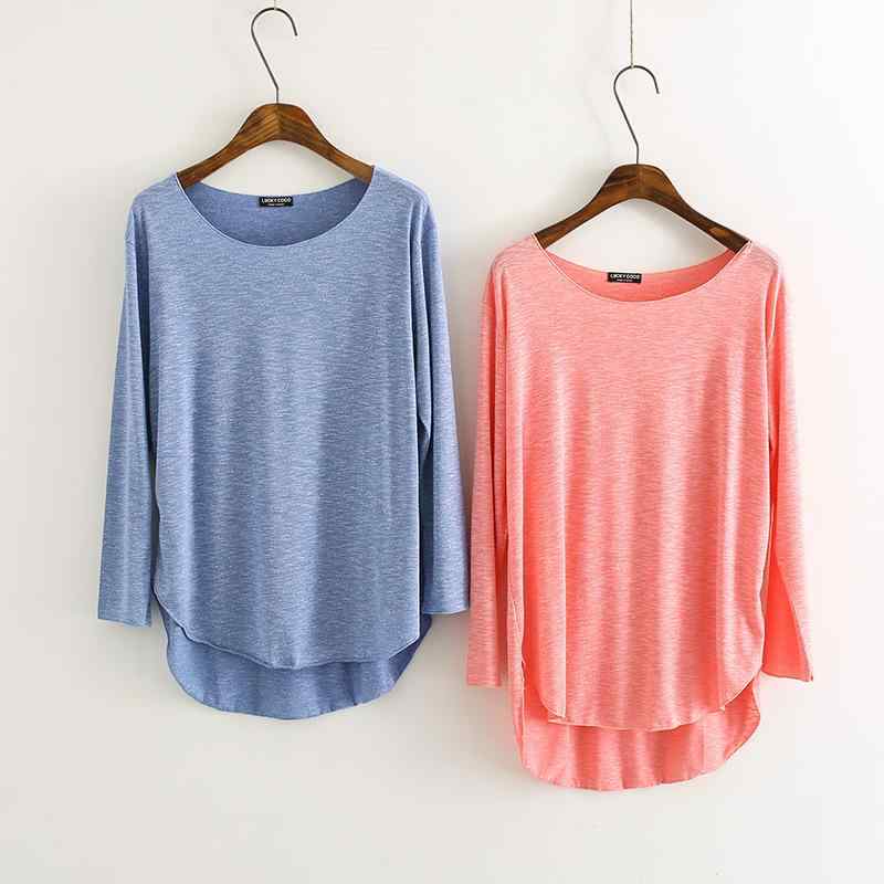 乐天商城 - Tシャツ レディース 春夏 竹節綿 ラウンドネック 長袖 カットソー 前短後長 ミドル丈 無地 シンプル トップス ブラック ピンク系