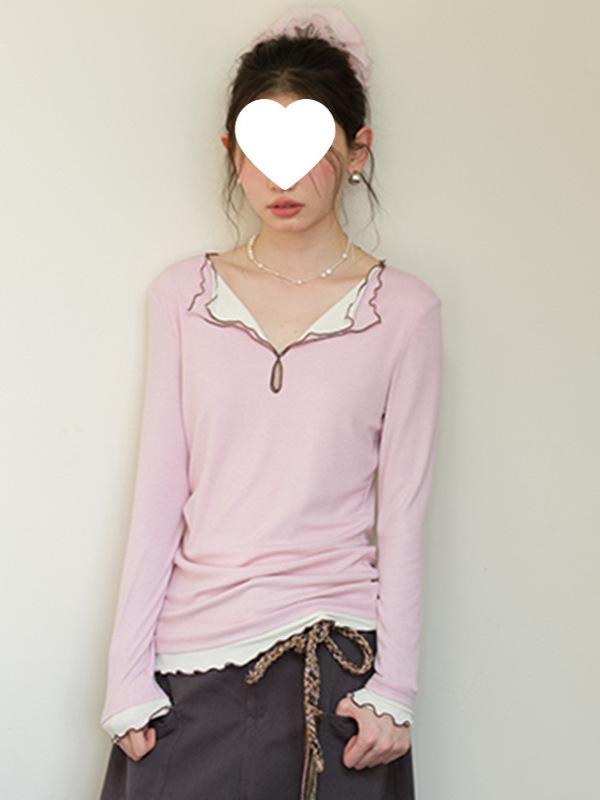 Tシャツ レディース 春秋 長袖 スリムフィット Vネック コットン 混紡 偽 दो टुकड़ा デザイン カットソー ピンク系 ブラック 韓国風 日常着