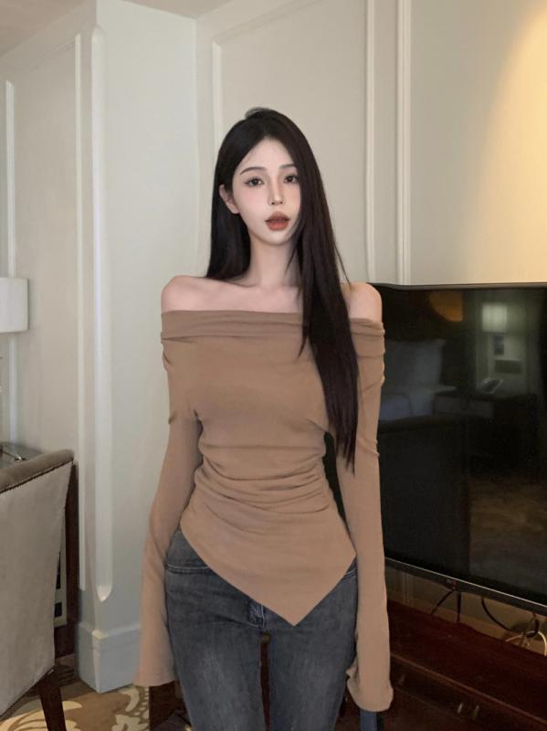 Tシャツ レディース 秋冬 長袖 一文字肩 ポリエステル 接触温感 スリムフィット 無地 プルオーバー トップス 伸縮性 デート 普段使い 韓国風 セクシー