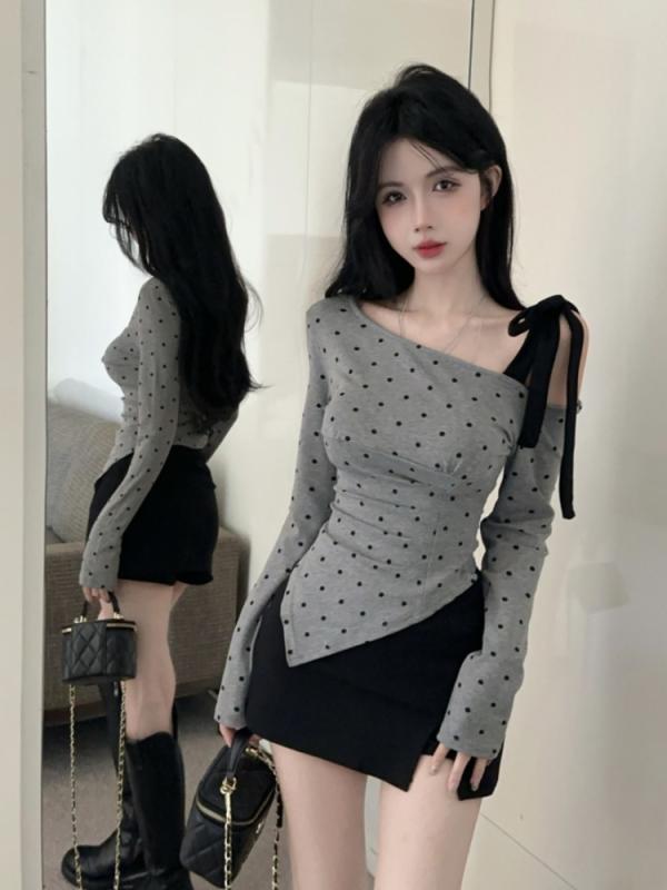 Tシャツ レディース 灰色 波ドット柄 オフショルダー アシンメトリー 長袖 スリムフィット 秋冬 私服 名媛 かわいい(4.0)